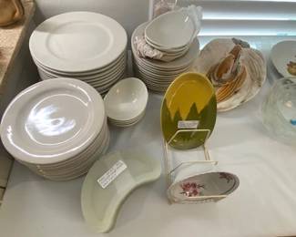 Ace Mart Restaurant Supply , Heavy Cream Wite China: Set of 12 Dinner Plats 12", Set of 7 - 9" Plates, Set of 8 - 9" Bowls, Set of 8 Oval Bowls AND Crescent Shaped Frosted Glass Plates Set of 8