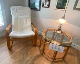 IKEA Vintage Lounge Chair w/Bentwood Frame, MCM 26 x 24 x 14 x 40" AND Bamboo Side Table w/Tempered Glass Top 29" Diameter x 18"H
