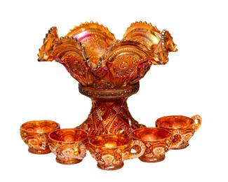 Imperial Glass Carnival Glass Punch Bowl and 5 Cups