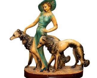 Vintage Chaulkware Woman Walking Dogs