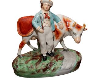 Antique Staffordshire Boy and His Cow