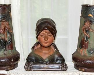 French Plaster Bust of Peasant Girl and 2 Vases