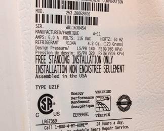 Kenmore Freezer Tag