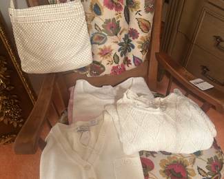 Wooden Rocking Chair, Clothes, Purses