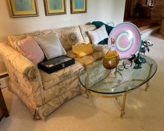 Glass Top Coffee Table, Ethan Allen Sofa, Throw Blanket, Decorative Pillows, Amber Decanter, Decorative Plate, Glass Blown Apple
