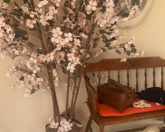 Wooden Bench, Faux Plants, Wall Decor