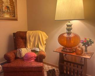 Wingback Chair, Wooden Side Table, Women's Shoes, Decorative Table Lamp