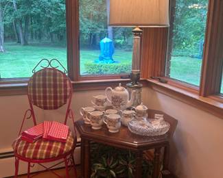 Plaid Metal Chair, Nightstand, Decorative Table Lamp