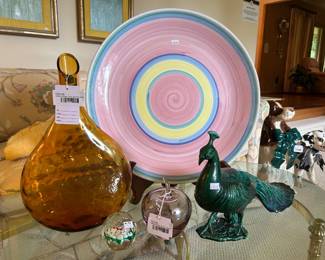 Amber Decanter, Decorative Plate, Glass Blown Apple