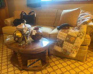 Wooden Coffee Table, Plaid Sofa, Quilts