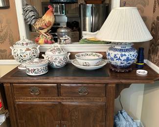 Ethan Allen Royal Charter Oak Drop Leaf Server w/ Slate Top, Blue & White Lamp, Portmeirion Dishes, Bowls, Tureens