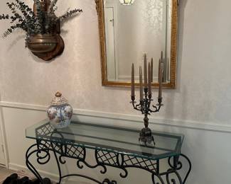 Iron & Glass Console Table, Candelabra, Antique French Style Mirror w/ Bow Knot Pediment