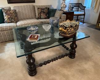 Ethan Allen Glass top Coffee Table w/ Turned Wood Legs, Chinese Porcelain Bowl