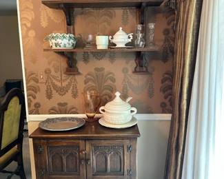 Ethan Allen Royal Charter Oak Jacobean Style Cabinet, Soup Tureens, Vases