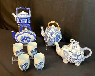 Elegant Blue White Teapots and Cups