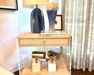 Grasscloth and Acrylic End Table, Barbara Berry Melanie Lamp, FOS Ceramiche Vase