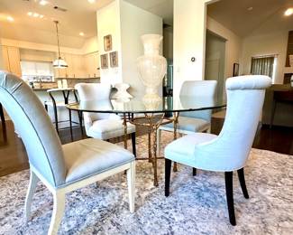 60" Round Glass Dining Table with Brass Base & Bolier Chairs