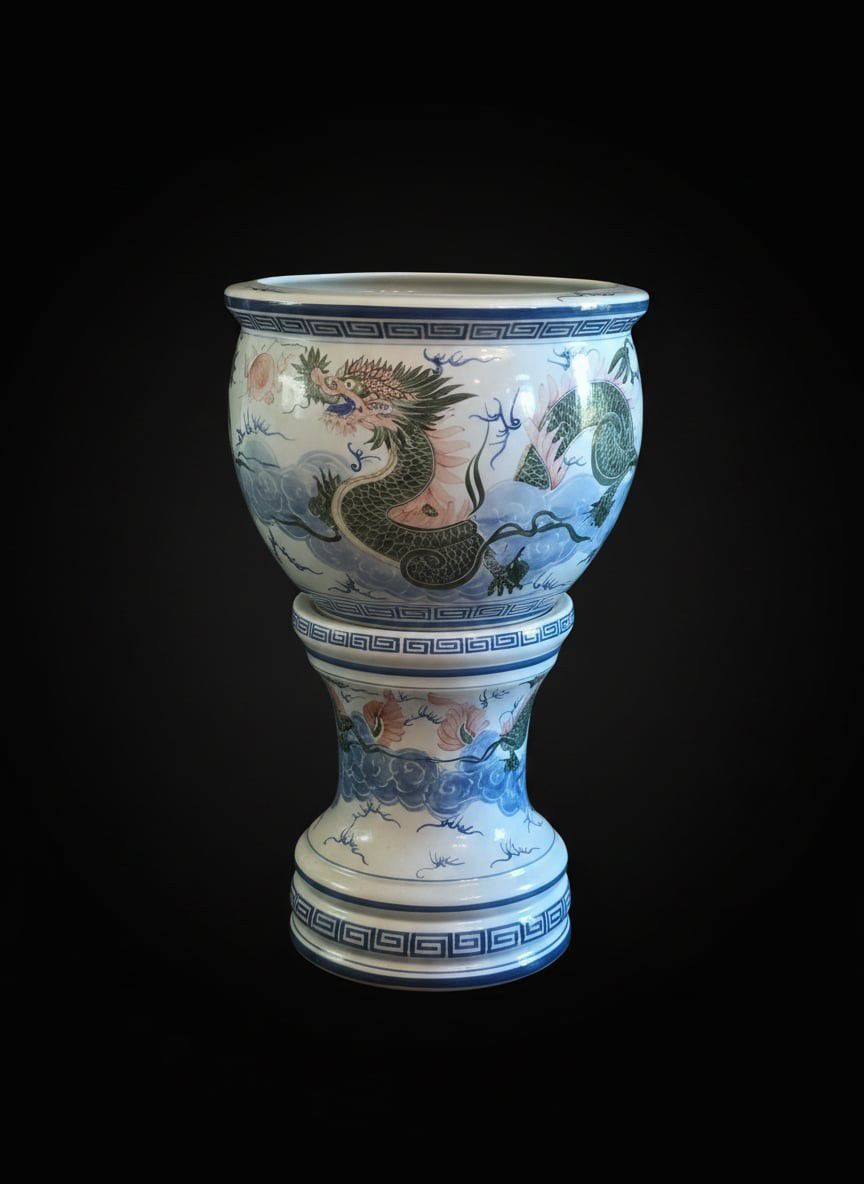 Chinese Dragon Porcelain Fish Bowl Planter with Pedestal