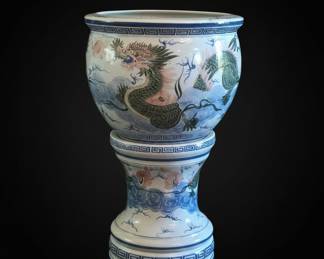 Chinese Dragon Porcelain Fish Bowl Planter with Pedestal