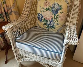 Bar Harbor Style Wicker Armchair with Floral and Striped Cushions