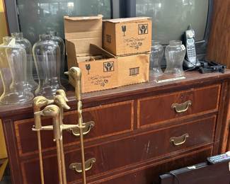 Brass fireplace tools, dresser, tvs