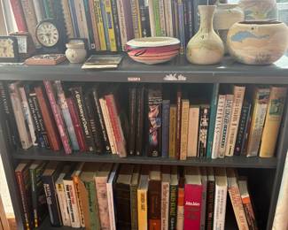 Books, vintage clocks, pottery