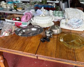 Antique table, linens