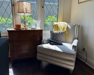 Baker Furniture Burled Chest of Drawers, Accent Chair, Decorative Blankets, Throw Blanket
