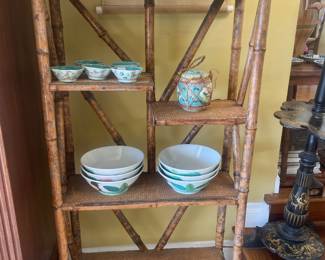 19thc tortoise bamboo etagere, grass mat