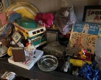 TABLE LOADED WITH VINTAGE GOODS
