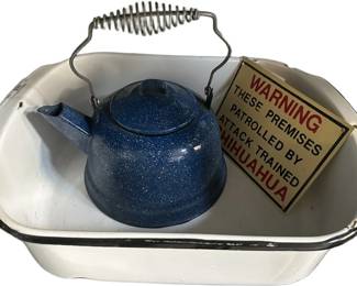 ENAMEL PAN, TEA KETTLE, SIGN