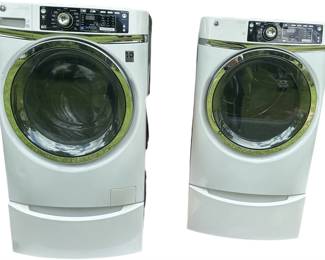 GE FRONT LOAD WASHER & DRYER W/DRAWER STANDS