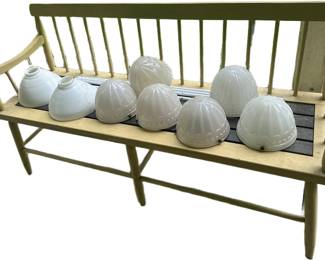 WOOD/METAL BENCH W/ANTIQUE LIGHT COVERS ON TOP