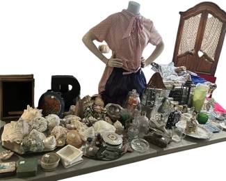 TABLE LOADED WITH VINTAGE GOODS