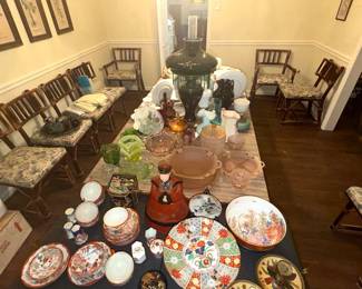 Center piece is dark green glass kerosene lamp w/chimney in excellent condition - Victorian era