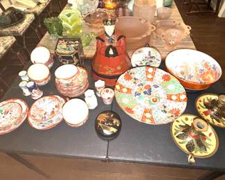 Satsuma and other pieces of Asian porcelain accessories and candlesticks
