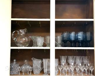 Crystal stem ware, blue glass goblets and containers including pitchers