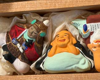Asian happy fellows in miniature, hand made in clay and hand painted, in box set, signed