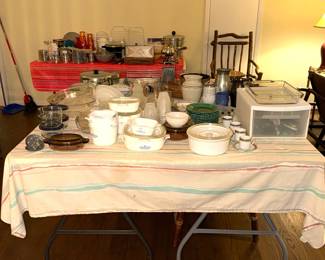 Collections of corning glass and white cookware, stainless steel cake pans and fondue servers plus muffin tins and assortment of fine knives