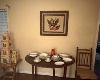 Oval drop leaf mahogany table. Handmade crewel embroidery of National symbol, the bald eagle in excellent condition as is frame