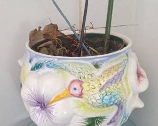 Alcobaca Portugal Hand Painted Ceramic Planter with Hummingbird and Floral Motif