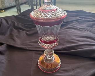Bohemian Ruby Red Overlay Cut Crystal Lidded Urn
