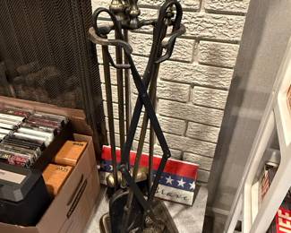 Vintage Cast Iron Fireplace Tool Set with Brass Accents