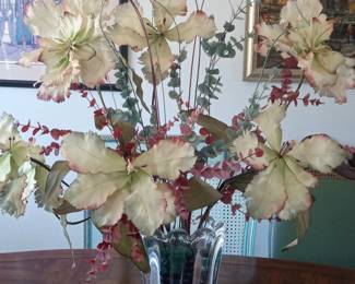 Large Artificial Flower Arrangement in Crystal Vase with Poinsettias