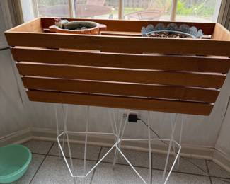 Mid-Century Modern Slatted Wood Planter Stand with Metal Legs