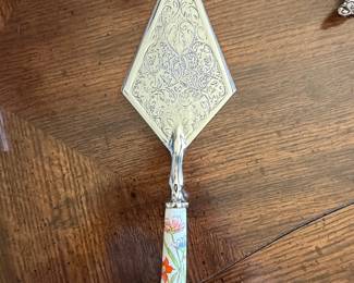 Vintage Italian Hand Painted Ceramic Handled Silverplated Cake Server