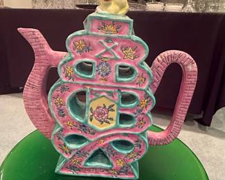 Famille Rose Architectural Teapot with Monkey Figurine