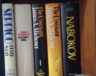Collection of Vintage Hardcover Books: Nabokov's 'Ada', Michener's 'The Covenant', MacDonald's 'No Deadly Drug', and Maas's 'Serpico'