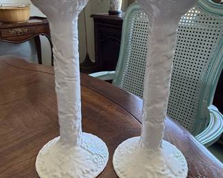 Pair of White Ceramic Textured Candlesticks - Made in Portugal