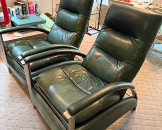 Pair of Green Leather and Chrome Reclining Armchairs